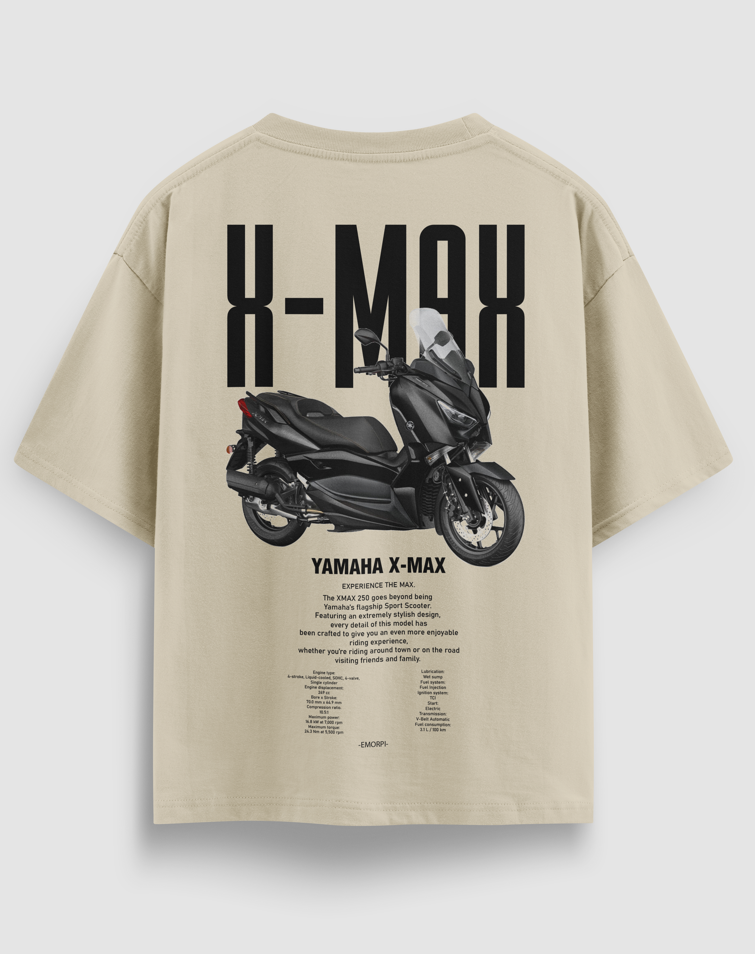 X-Max baskılı motorcu tişört, bej, arkadan görünüm. Yamaha X-Max çizimli sırt baskısı